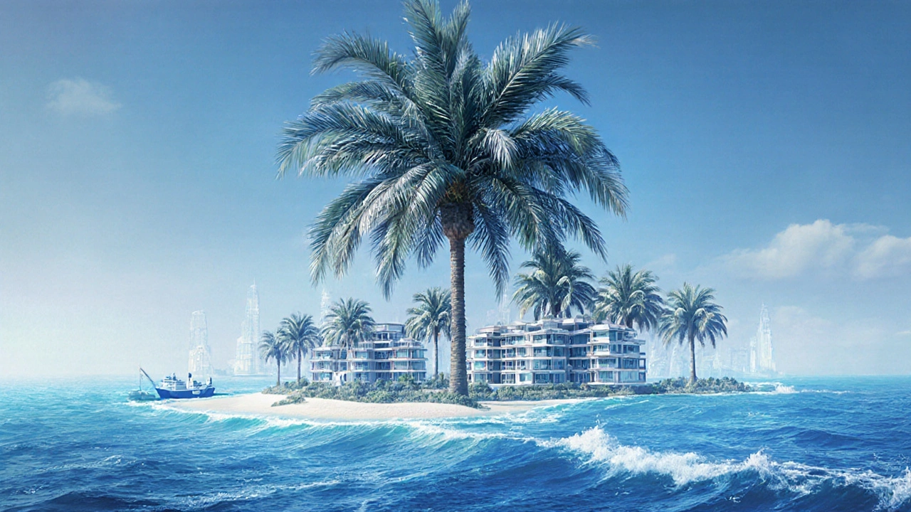 Palm Jumeirah island from above with luxury villas and submerged land reclamation