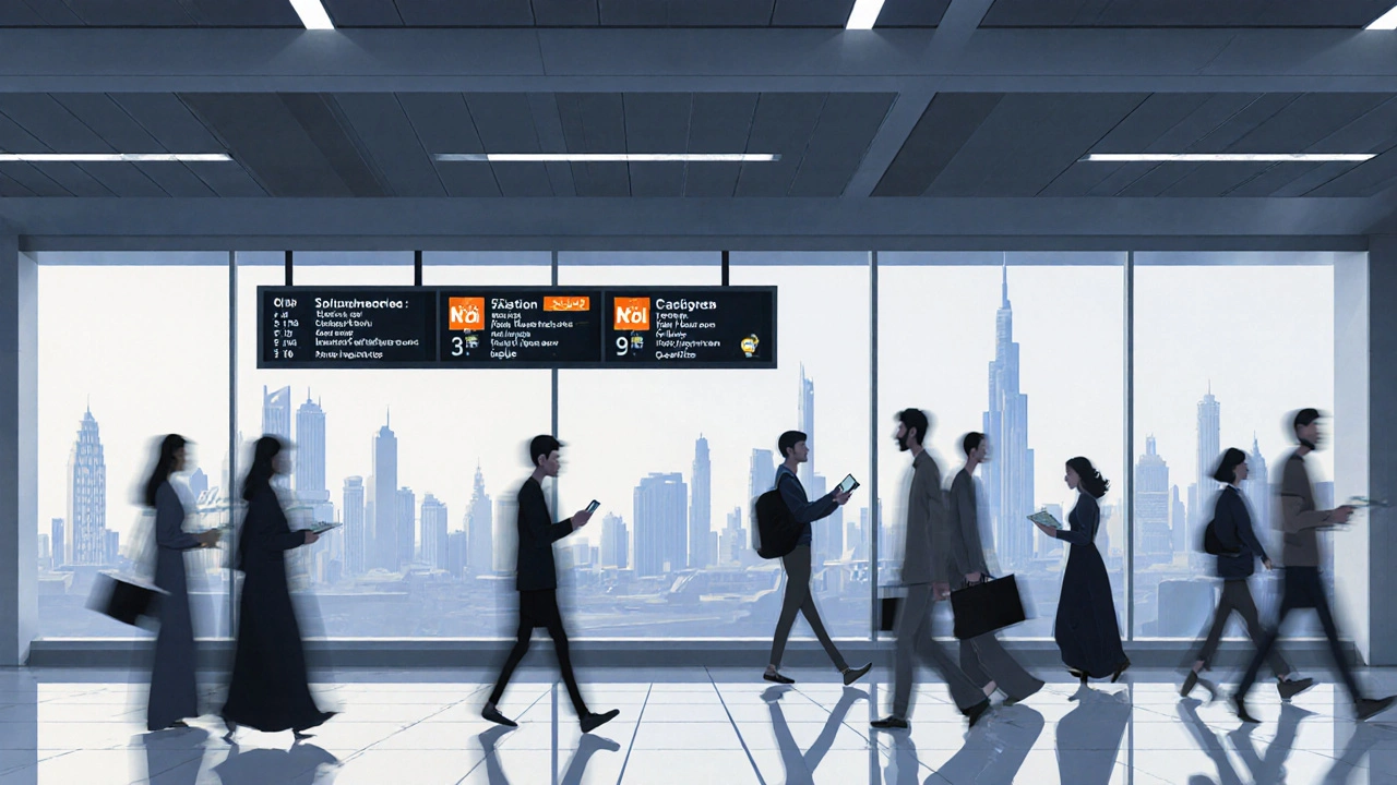 People using Dubai Metro with Burj Khalifa visible in the distance through the station window.