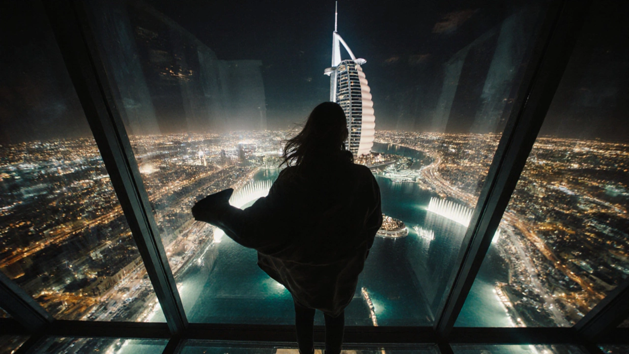 Person standing on glass floor of observation deck, looking down at Dubai’s lights from 460 meters up.