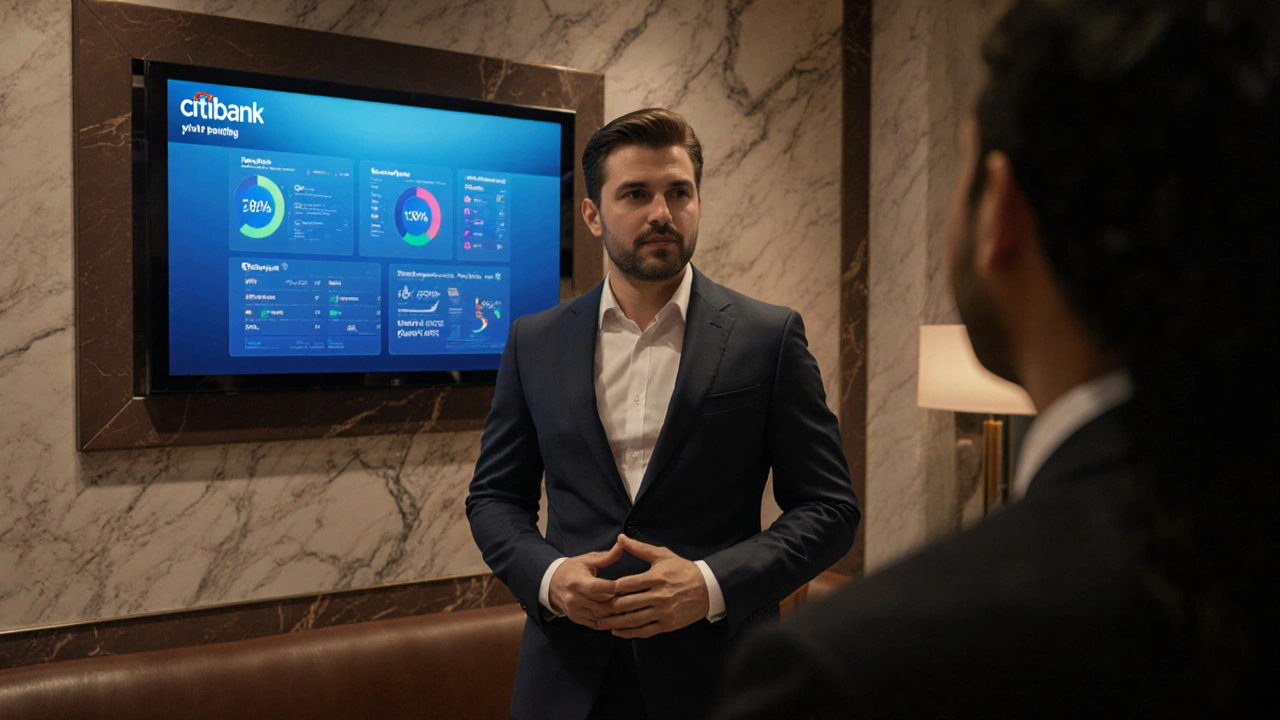 Professional receiving private banking advice in a luxury Citibank lounge in Dubai