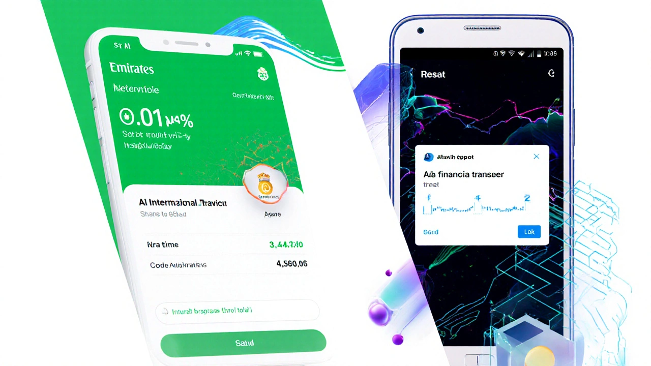 Side-by-side digital banking apps showing Emirates NBD and FAB with AI and crypto features.