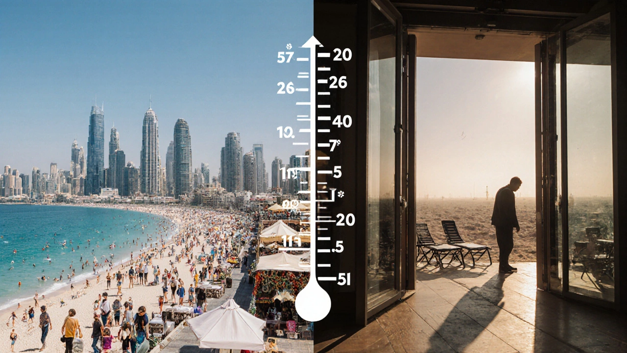 Split image: vibrant winter Dubai activities on left, scorching empty summer city on right, temperature contrast.