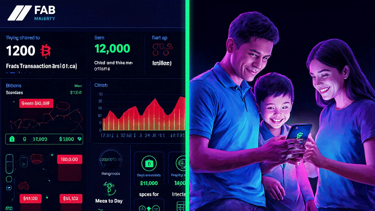 Split-screen showing AI fraud detection and family using mobile banking app for financial security.