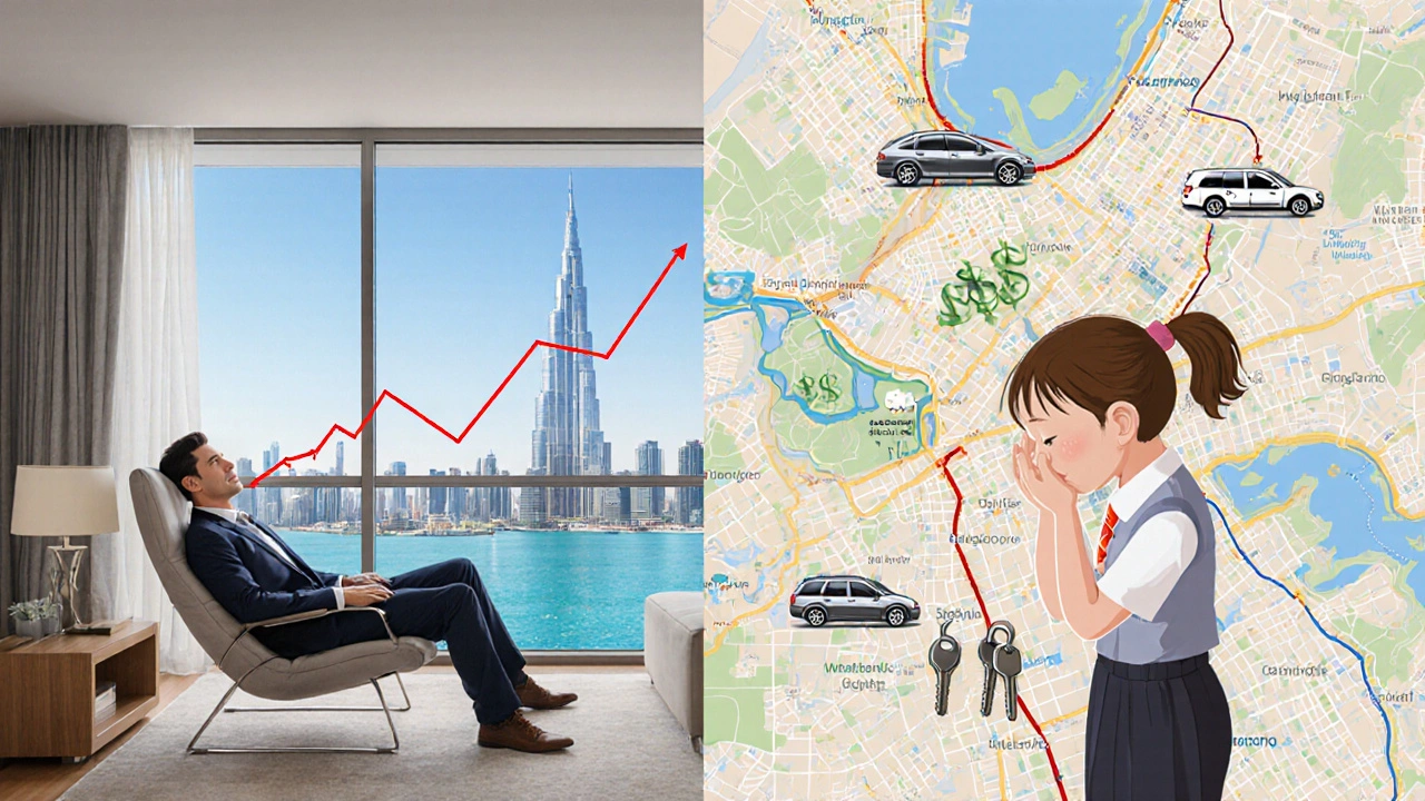 Split-screen showing financial freedom vs. family budget stress in Dubai.