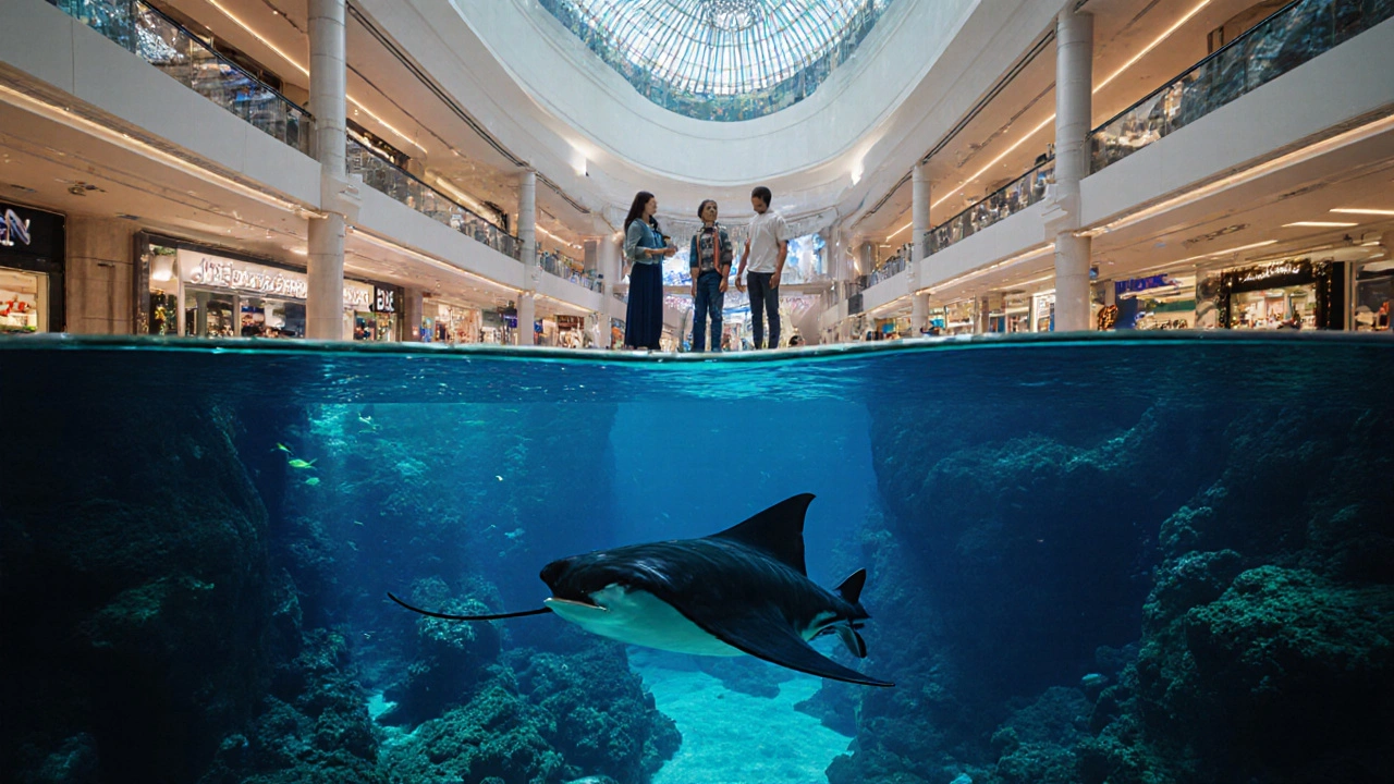 Split view showing the Dubai Aquarium below and the luxurious Dubai Mall above through a glass floor.