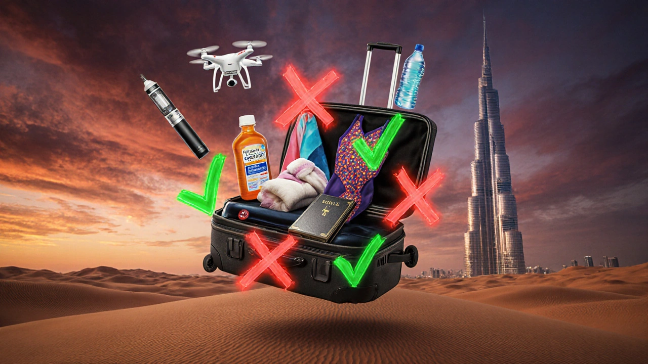 Suitcase with banned items marked in red and allowed items in green above Dubai skyline