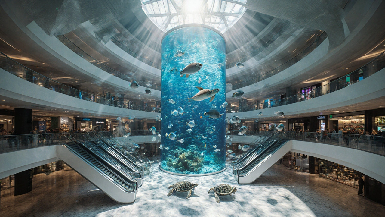 Sunlight filters through Dubai Aquarium&#039;s water, casting ripples on the mall’s floor below.