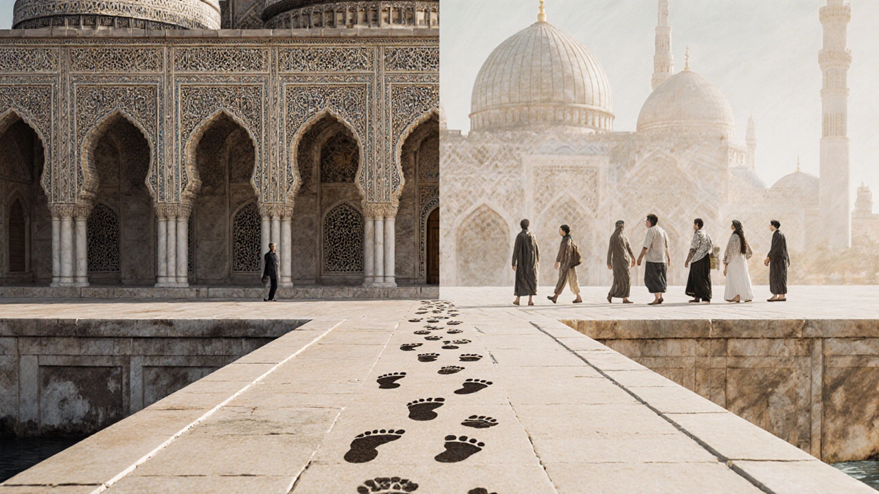 Symbolic bridge connecting traditional Islamic architecture to abstract cultural diversity, with barefoot footprints on stone leading forward.