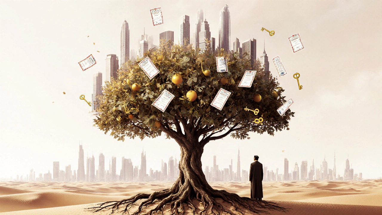 Symbolic tree with skyscraper branches and golden keys, rooted in Dubai&#039;s desert.