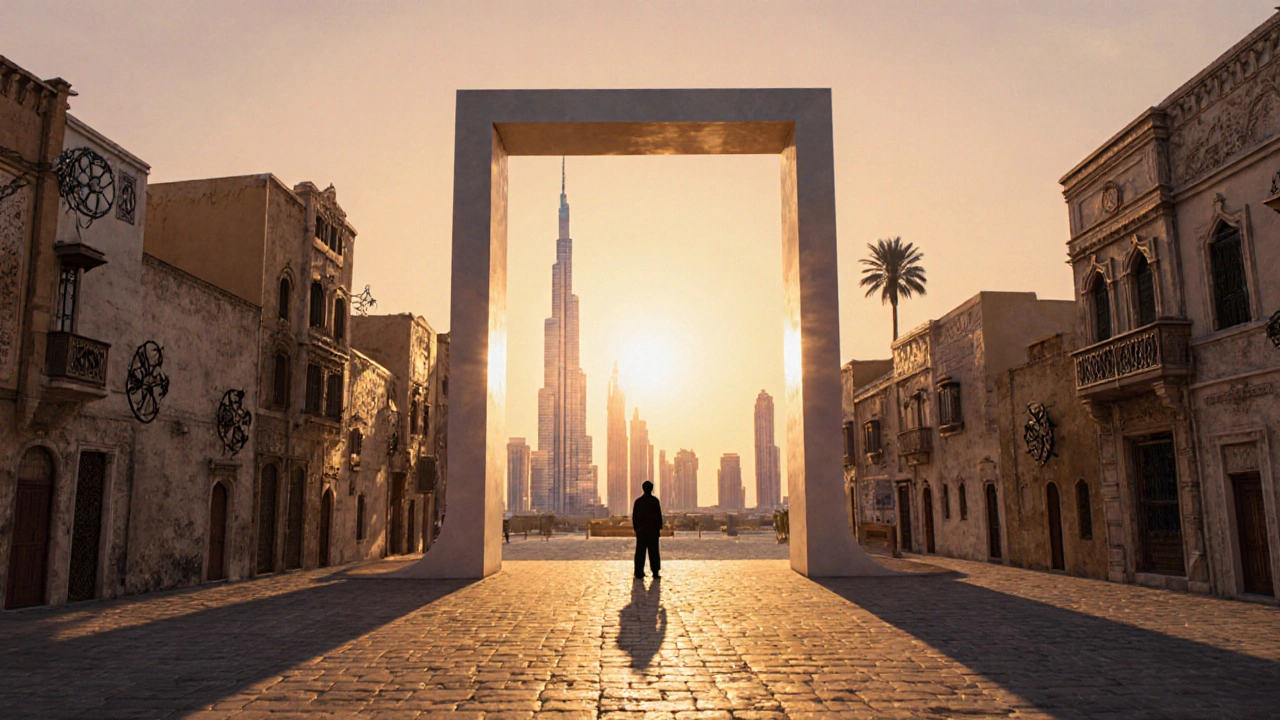 The Dubai Frame stands tall, showing historic Dubai on one side and the futuristic skyline on the other, with a person centered in the frame.