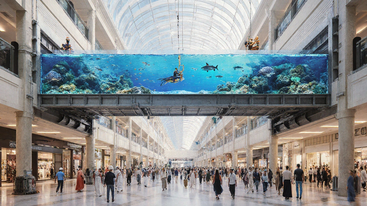 The massive aquarium tank is structurally integrated into Dubai Mall with reinforced supports beneath.