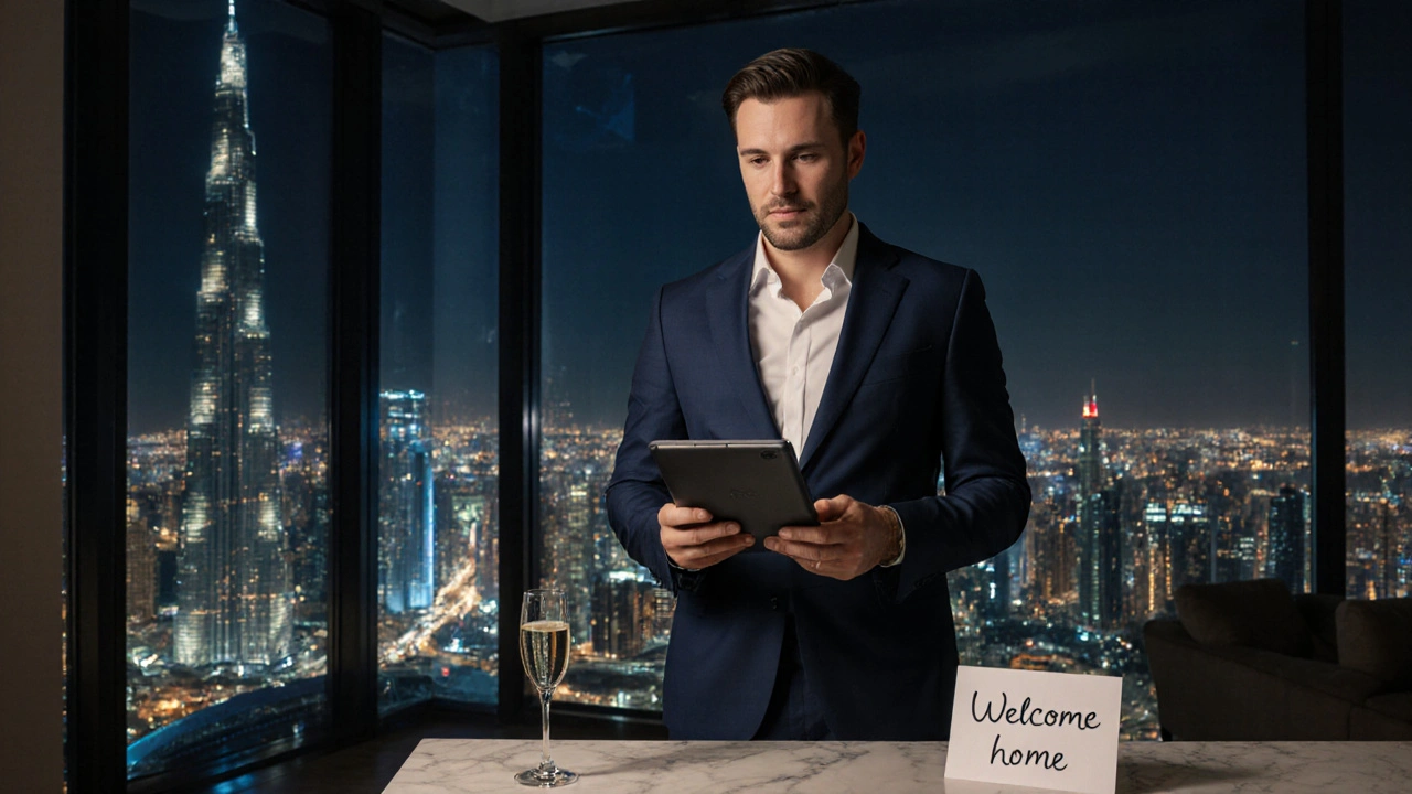 Top real estate agent in a Dubai penthouse overlooking Burj Khalifa at night, reflecting city lights, holding a property tablet.
