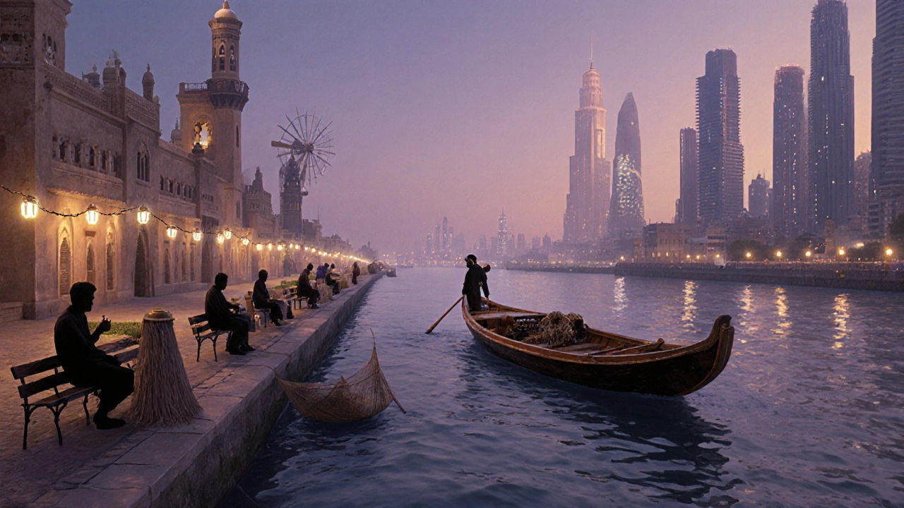 Traditional abra boat crossing Dubai Creek at twilight with historic and modern buildings on either side.