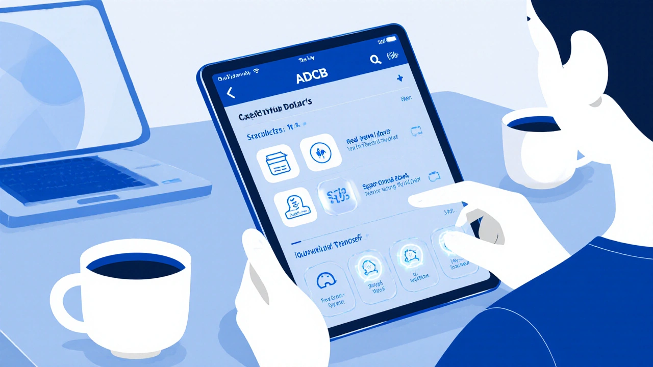 User managing Liv. by ADCB mobile banking app at a Dubai café