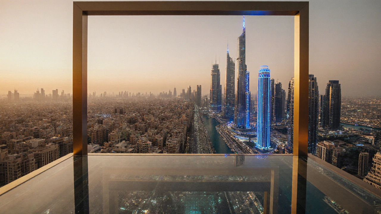 View from Dubai Frame&#039;s glass bridge at sunset, showing old and new Dubai separated by the frame&#039;s outline.