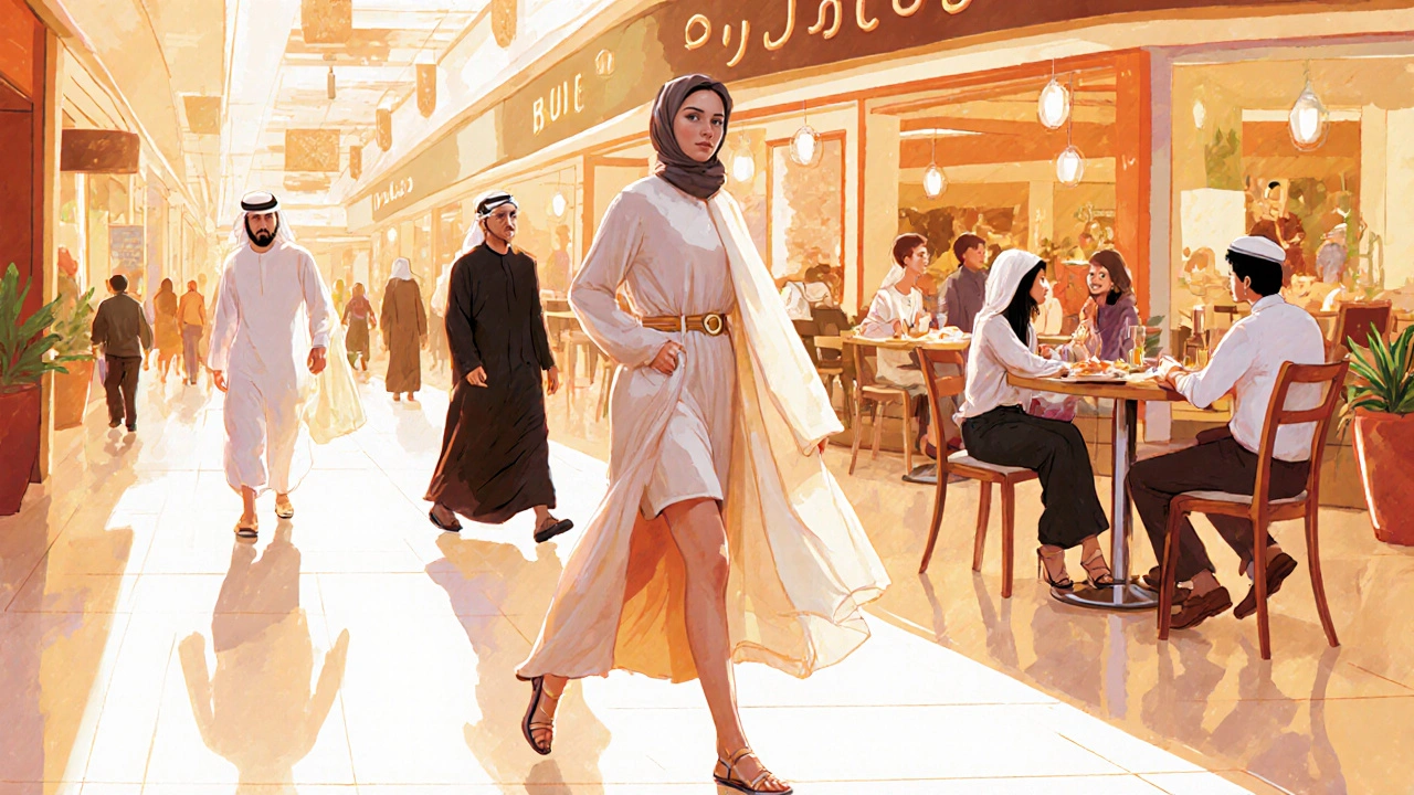 Woman in modest attire walking through Dubai mall with scarf ready for coverage