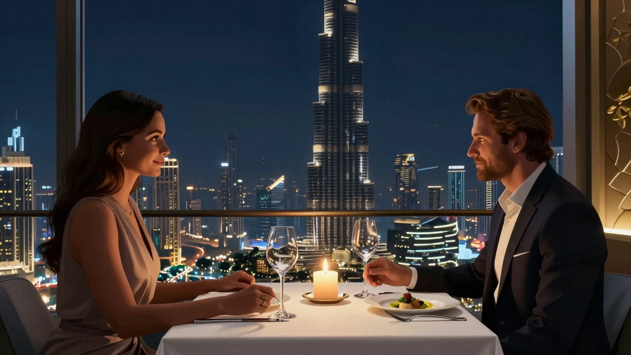 A couple dining at At.mosphere restaurant on the 122nd floor of Burj Khalifa, overlooking Dubai's glittering city lights at night.