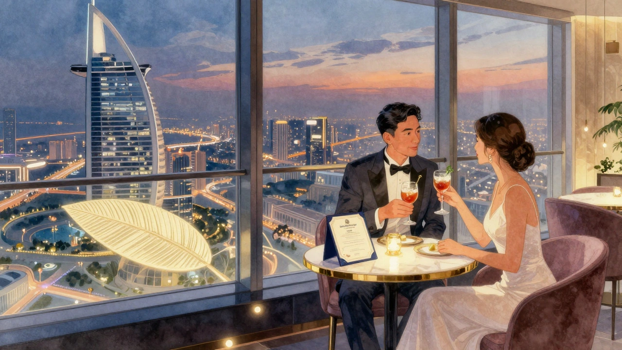 A couple enjoying drinks on the 148th floor of Burj Khalifa with the city lights glowing below at dusk.
