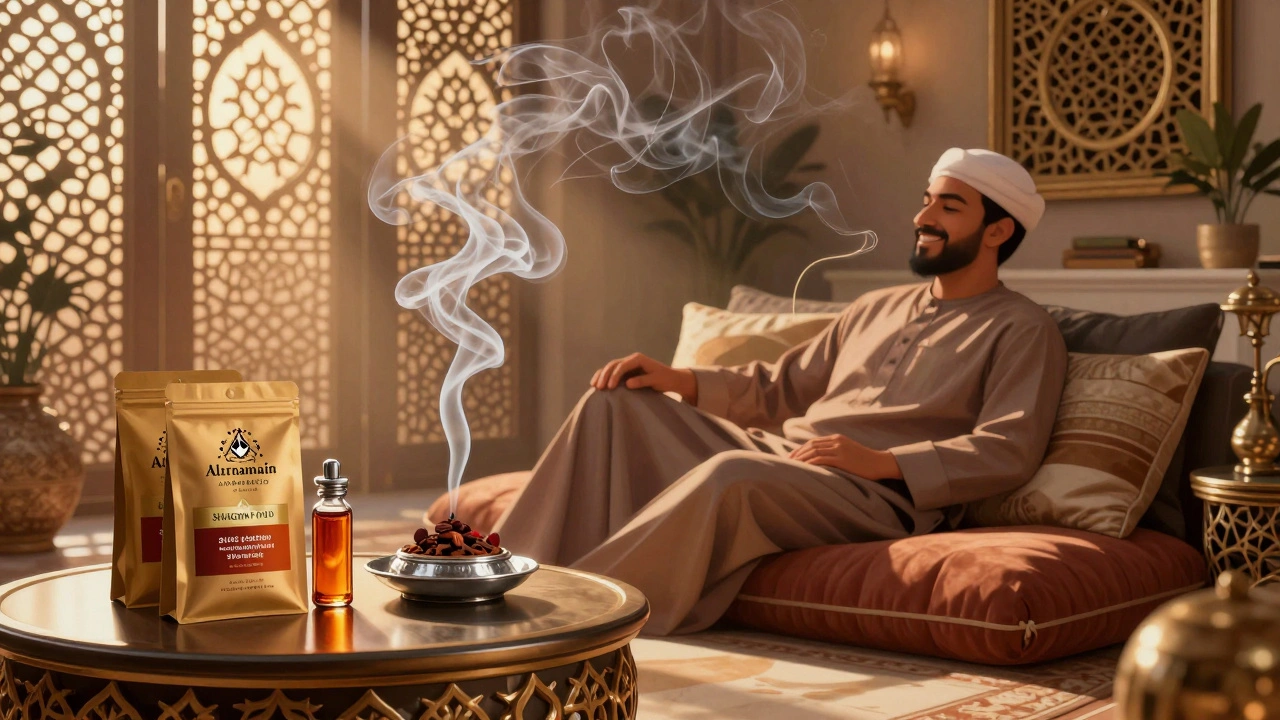 A cozy Emirati living room filled with fragrant smoke, sunlight through latticed screens, and guests relaxing in luxury.