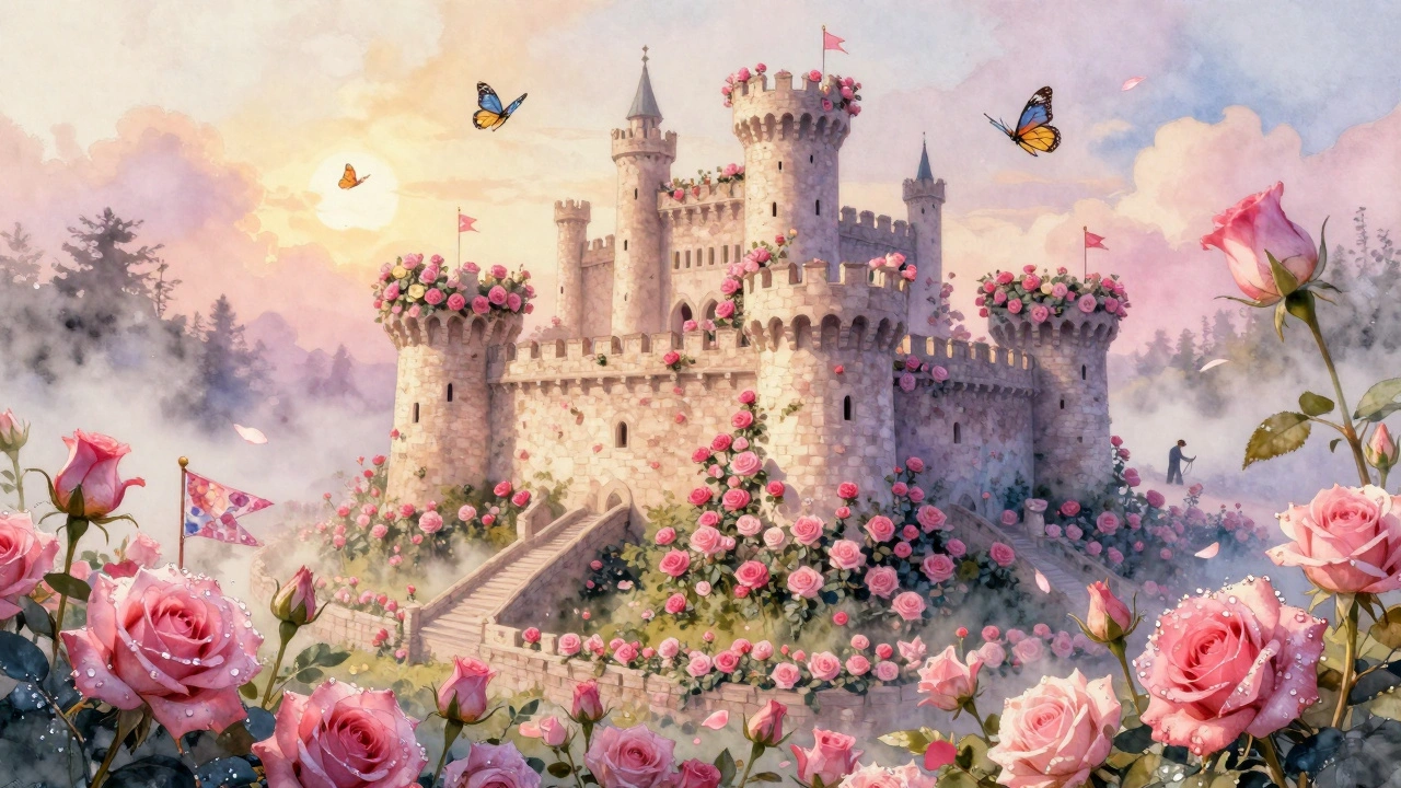 A detailed flower castle made of millions of roses, glowing in morning light with butterflies around it.