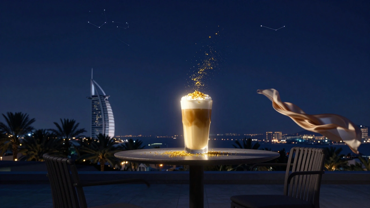 A floating golden latte with glittering flakes above a quiet rooftop table under a starry Dubai night sky.