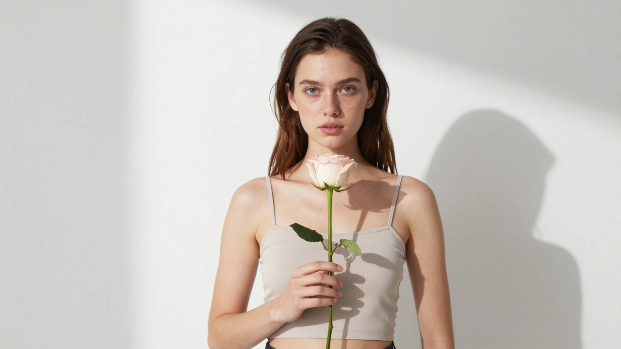A natural-looking woman holding a rose in a minimalist studio, representing authentic beauty.