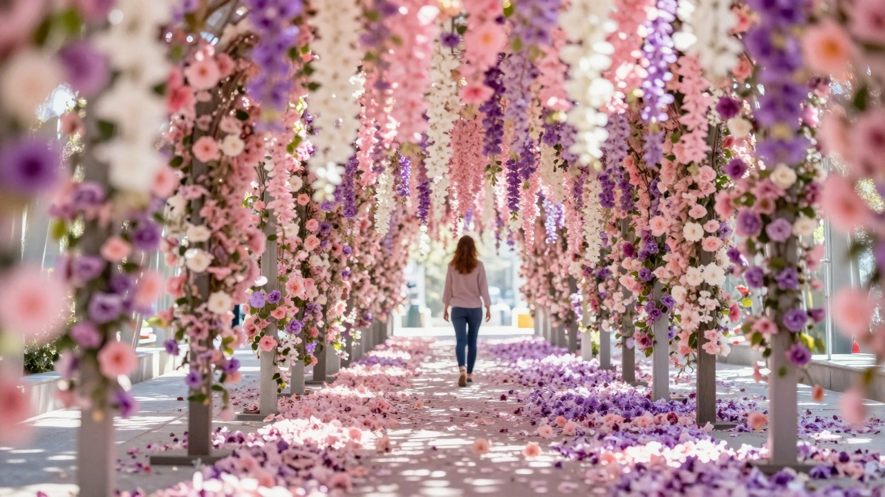 A person walking through a tunnel of hanging flowers, blurred into a dreamy canopy of pastel blooms.