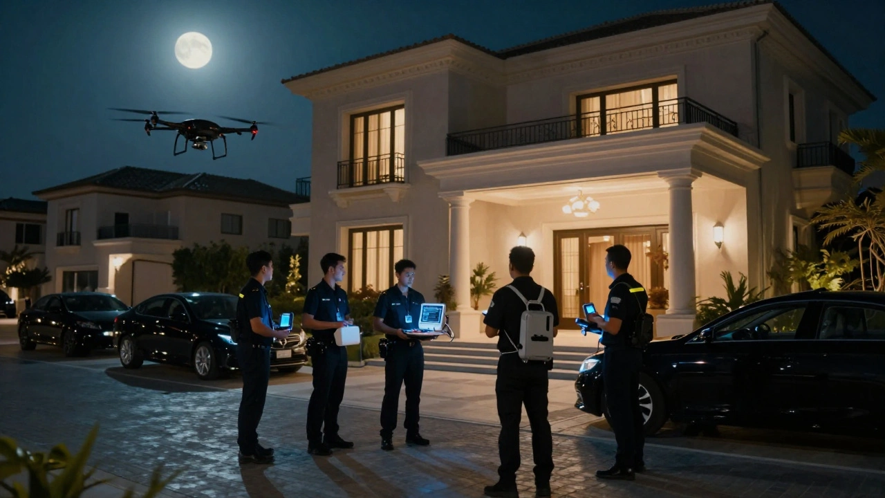 A professional FM team responding to a luxury villa at night with a drone inspecting the roof under moonlight.
