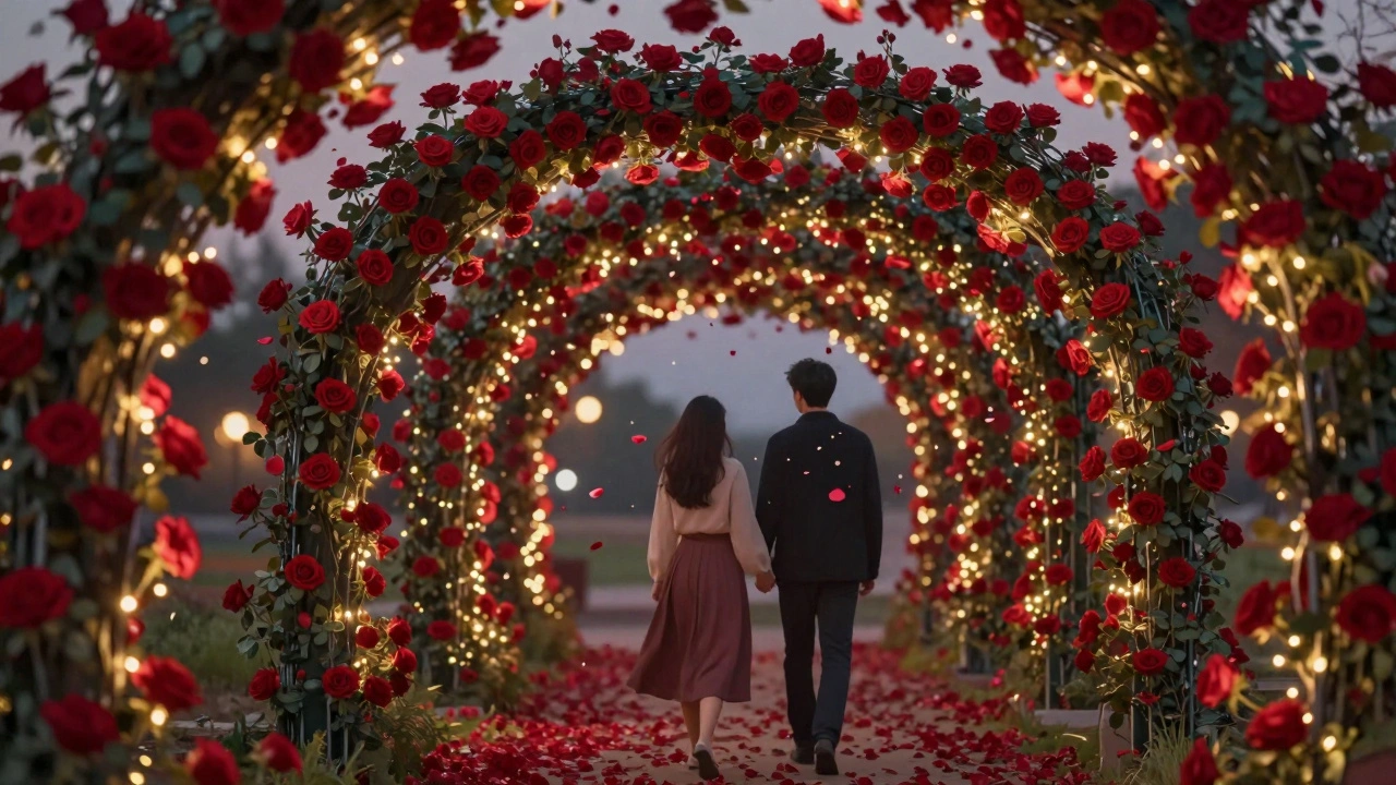 A romantic tunnel of red roses lit by fairy lights, with a couple walking through at dusk.