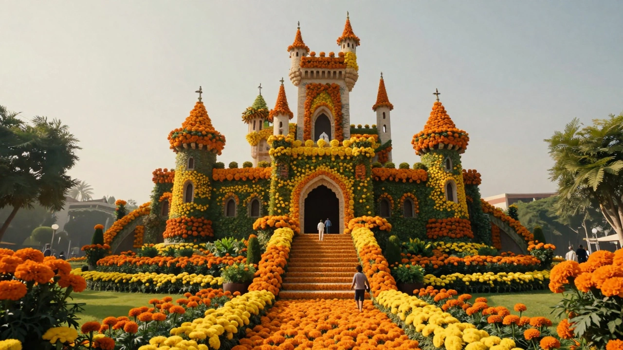 A seven-level floral castle covered in marigolds, with small figures walking its petal-lined paths.