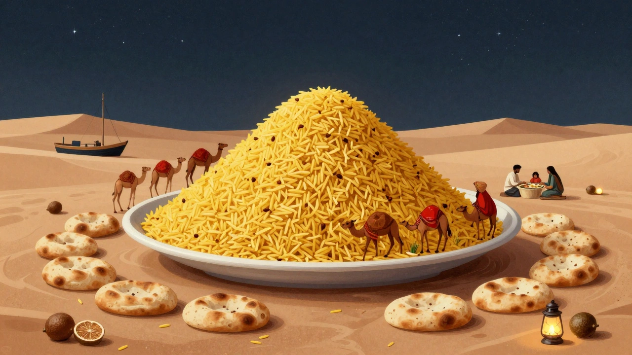 A surreal desert scene where a giant machboos platter blends into the landscape with camels and fishing boats.