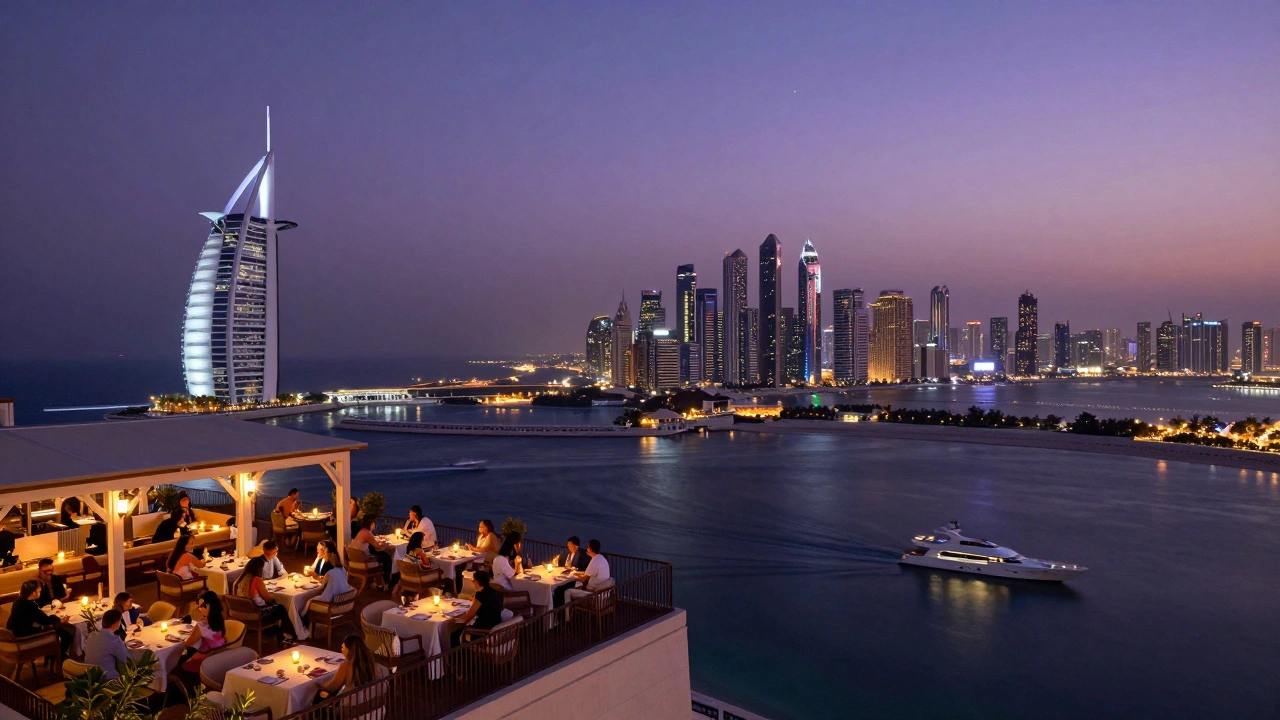 Al Muntaha restaurant high above Dubai at twilight, with city lights and yacht below.