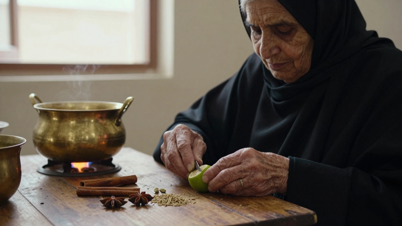An elderly woman piercing dried limes with spices spread on a wooden table, preparing machboos.