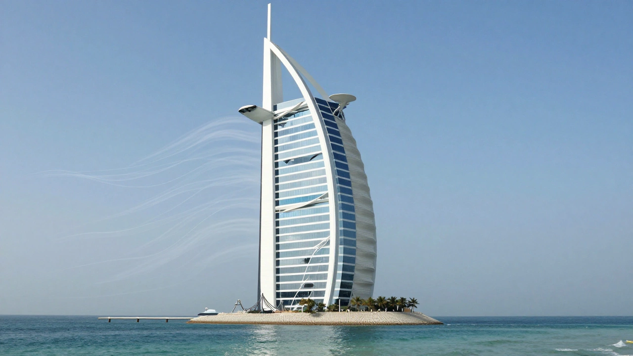Burj Al Arab&#039;s sail-shaped structure with invisible wind currents flowing around it, anchored to a man-made island in the sea.