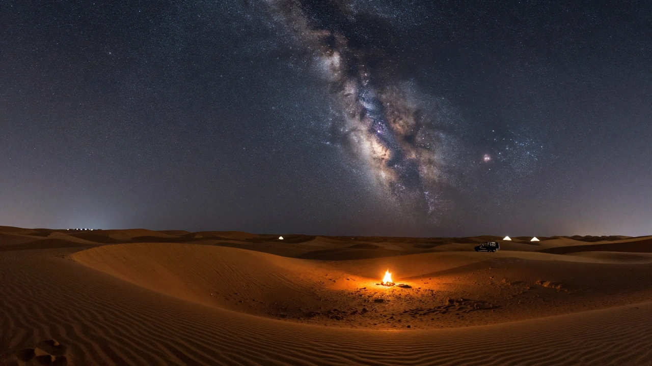 Desert night scene under a brilliant star-filled sky with a campfire.