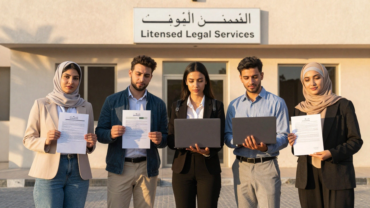 Diverse clients outside a modest Dubai law office, each representing different legal needs.
