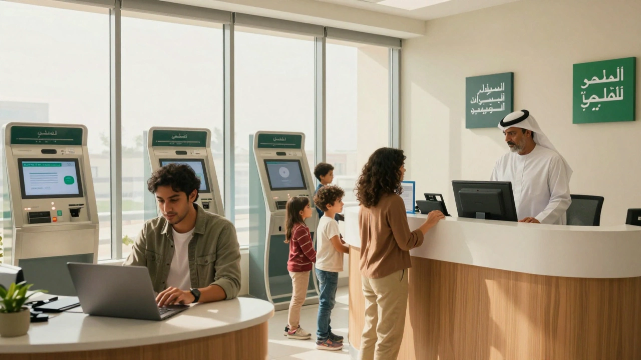 Diverse customers in a bright Dubai bank branch, interacting with staff and digital tools, symbolizing accessible banking.