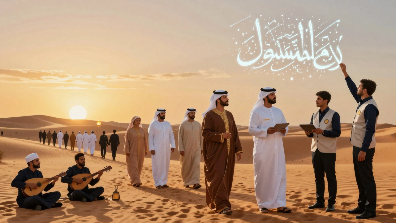 Diverse event team coordinating a desert wedding with LED projections and traditional Emirati guests at sunset.