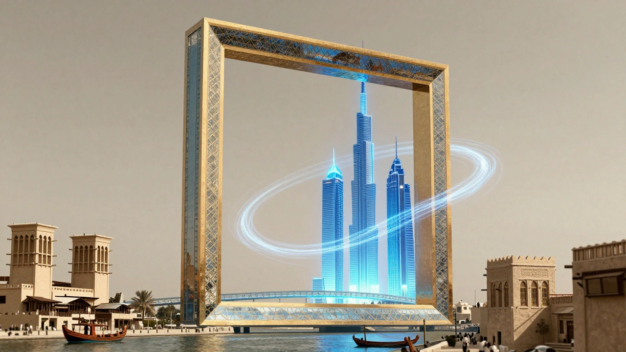 Dubai Frame as a time portal, blending old and new Dubai in contrasting textures and lights.