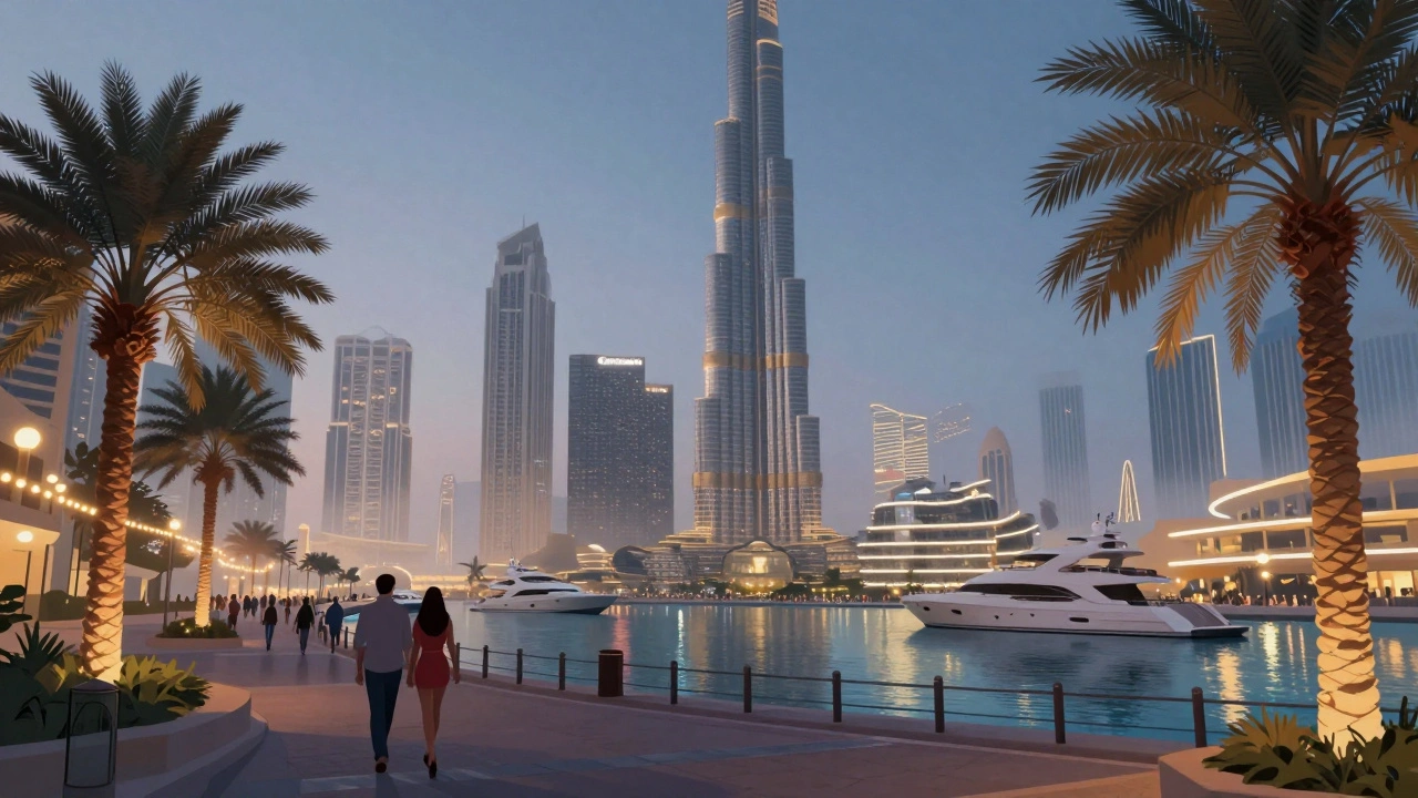 Dubai Marina promenade at dusk with lights, yachts, and Burj Khalifa glowing.