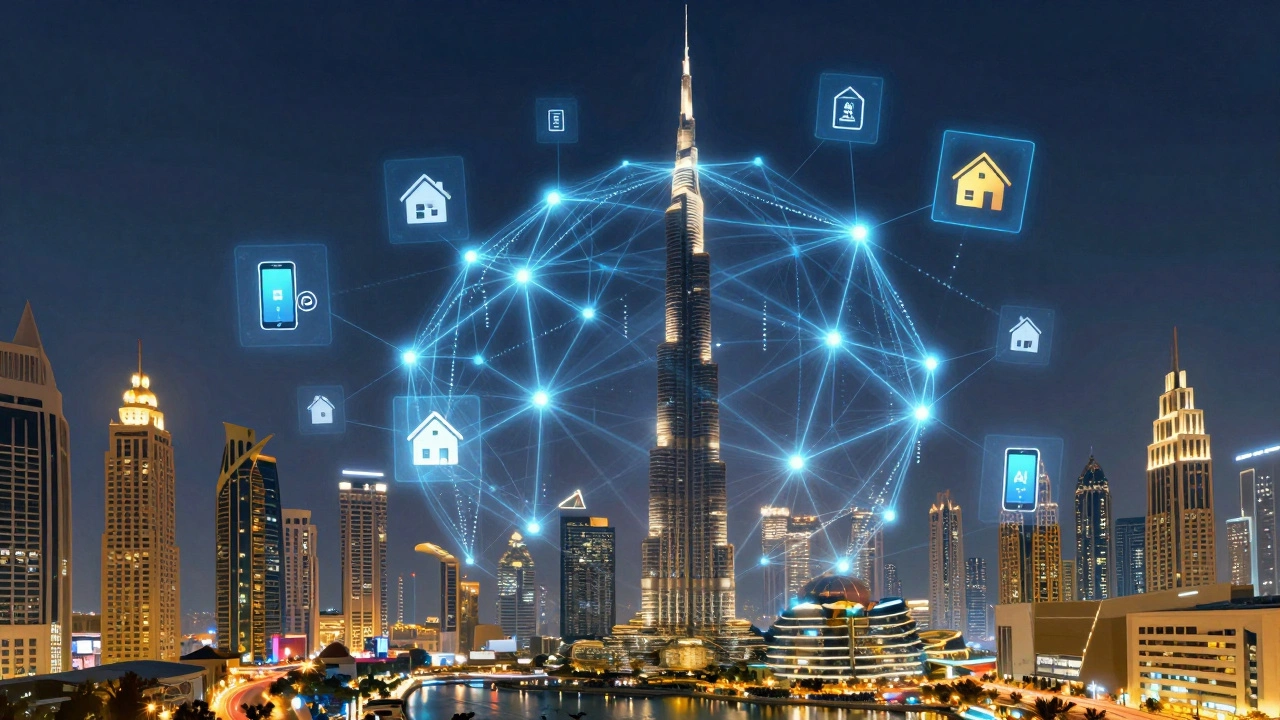 Dubai skyline with glowing data streams connecting buildings to digital icons of smart living.