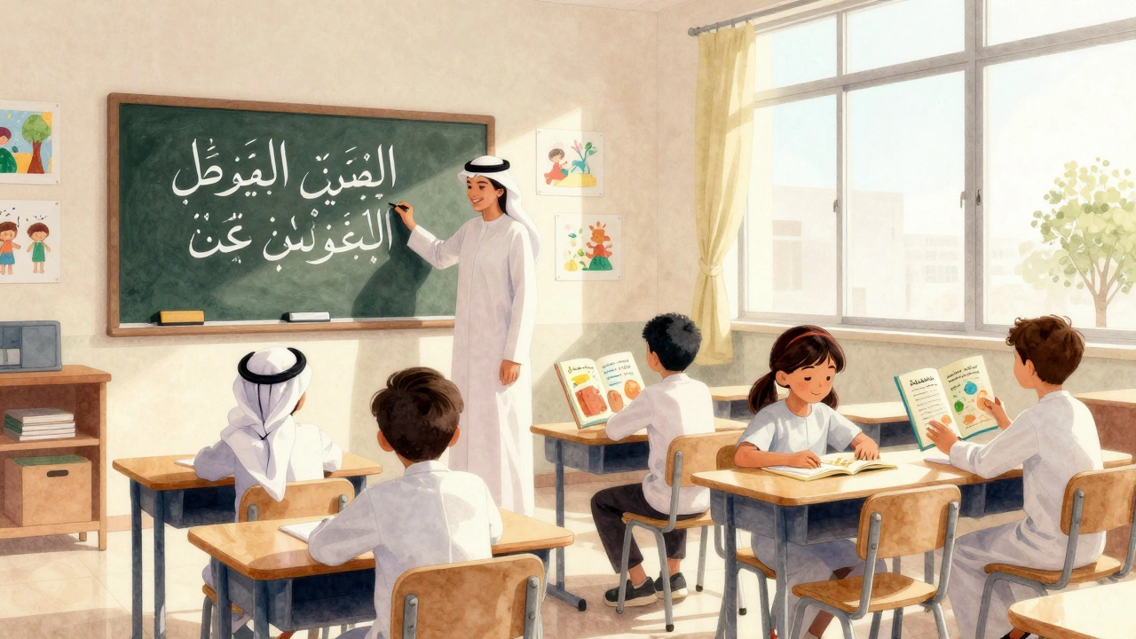 Emirati children learning in a classroom, practicing Arabic and English together under warm sunlight.
