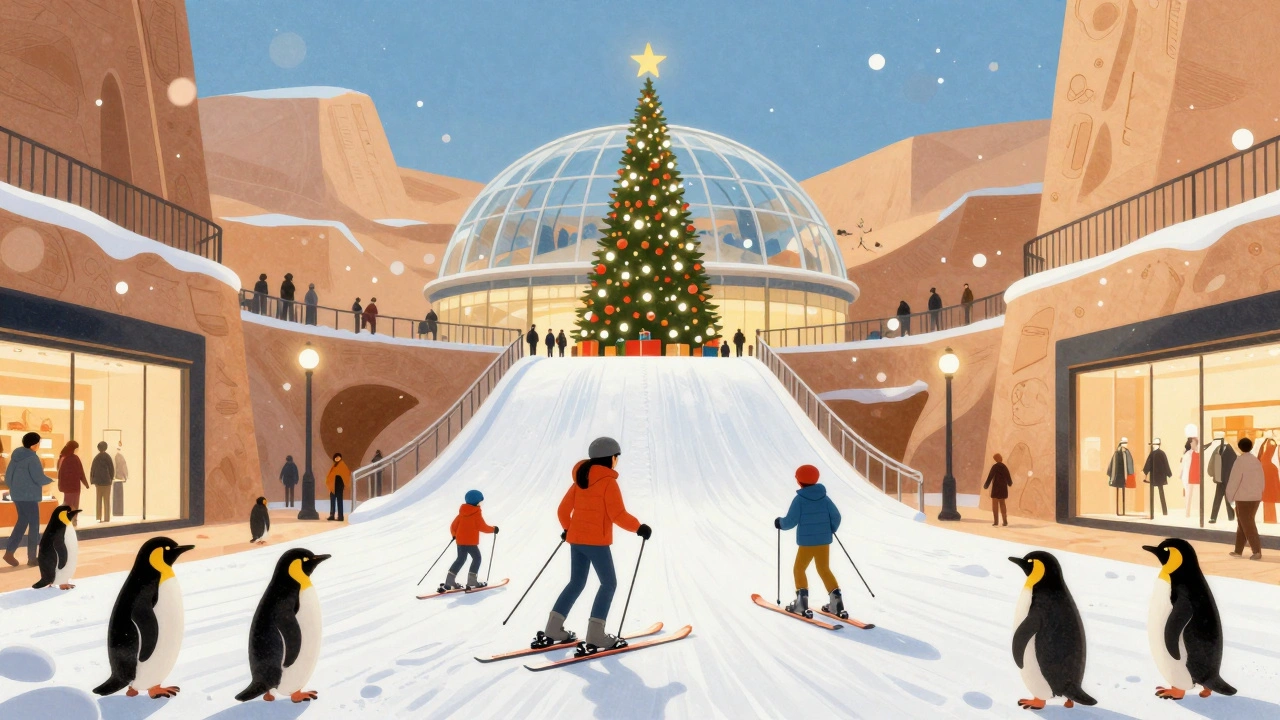 Family skiing indoors at Mall of the Emirates with penguins nearby and luxury stores surrounding the snow park.