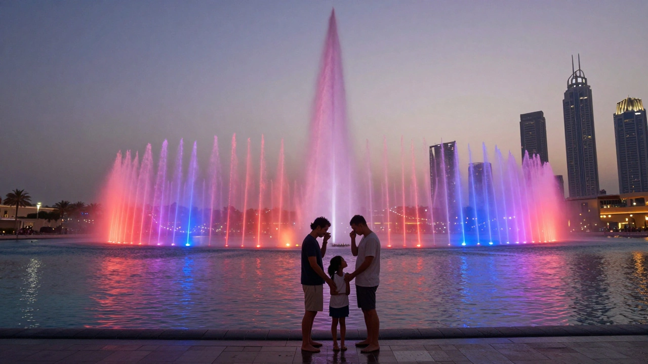 Family standing in misty rain near the Dubai Fountain as colorful water spirals soar into the sky behind them.