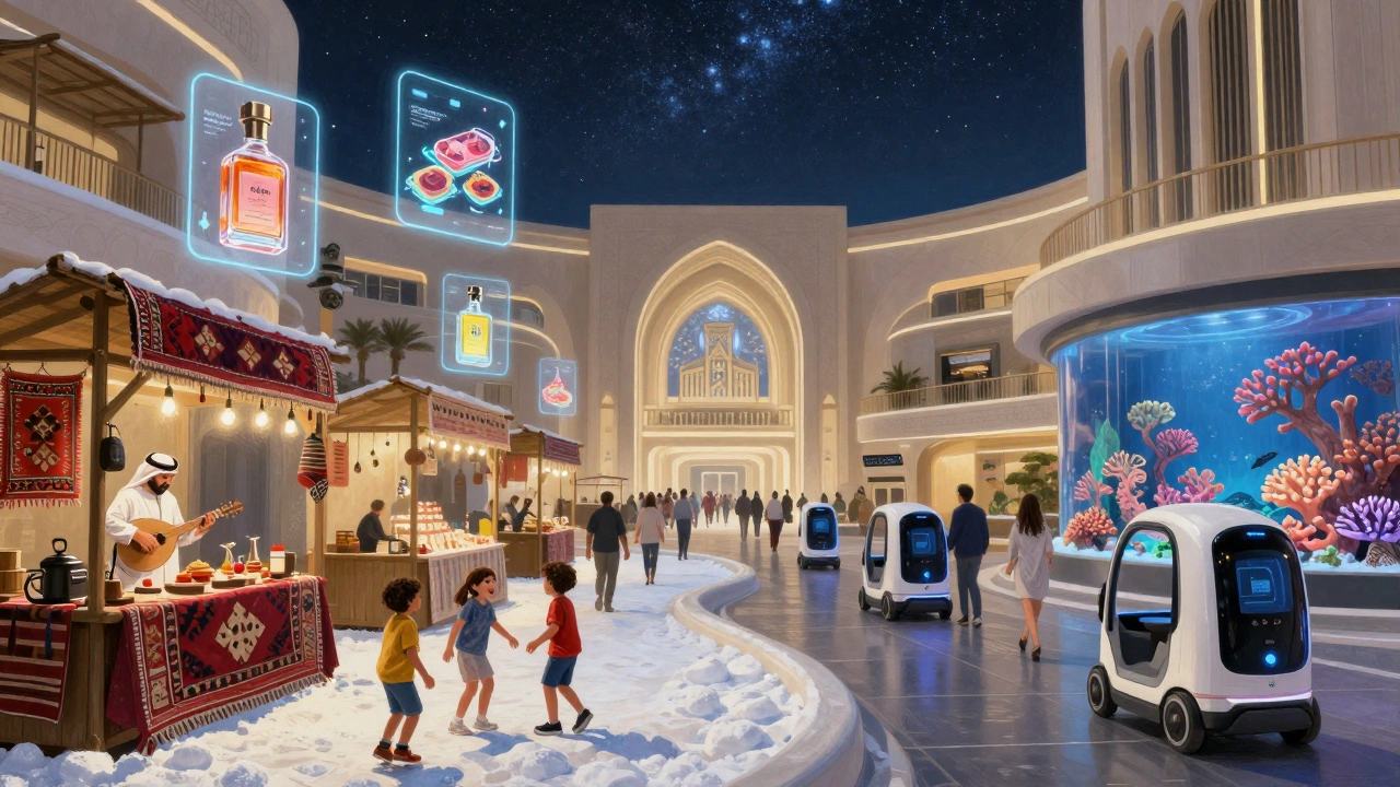 Futuristic Dubai Mall blending traditional souk with AR displays, snow zone, and coral reef exhibit.
