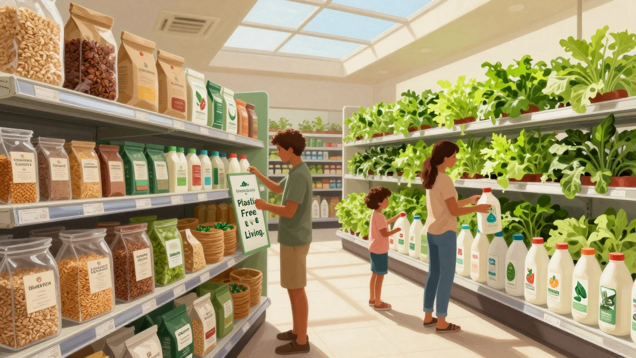 Green Community zero-waste store with bulk bins, reusable bottles, and vertical gardens in Dubai.