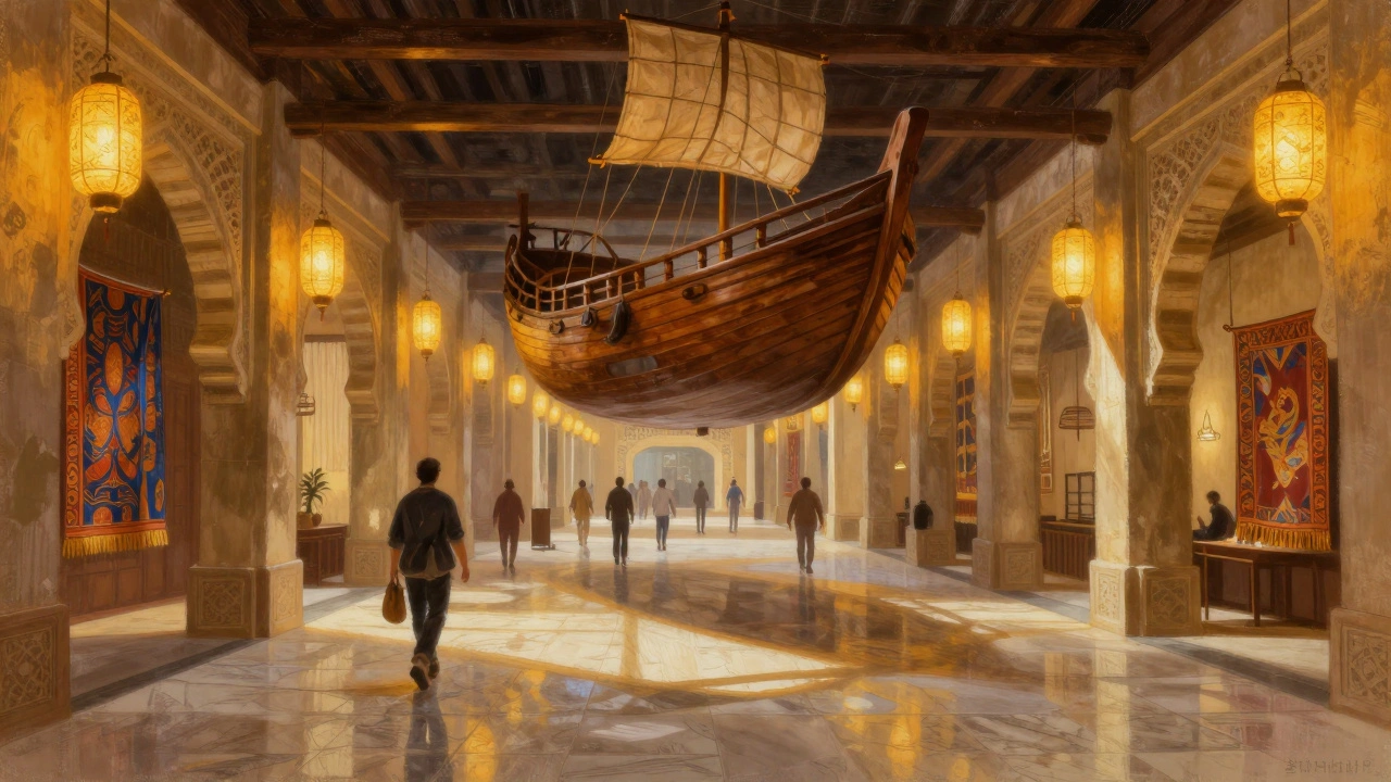 Ibn Battuta Mall&#039;s China Court with giant junk ship, lanterns, and visitors walking beneath ornate arches.