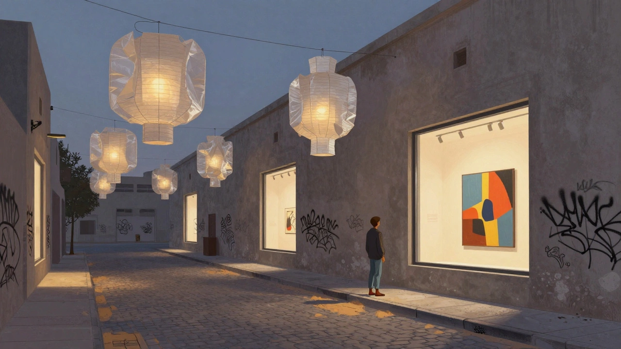 Industrial art district at dusk with recycled paper lanterns and glowing gallery windows.