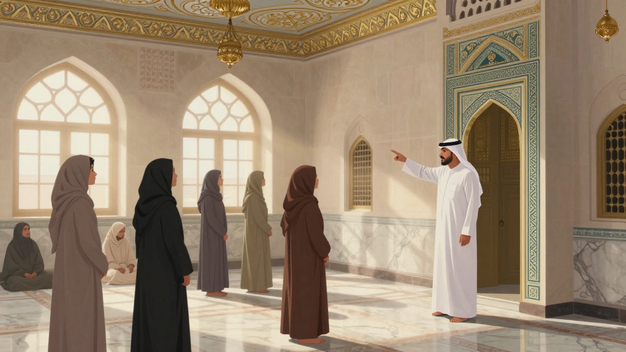 Inside the prayer hall, visitors listen to a guide as golden light highlights intricate ceiling patterns.