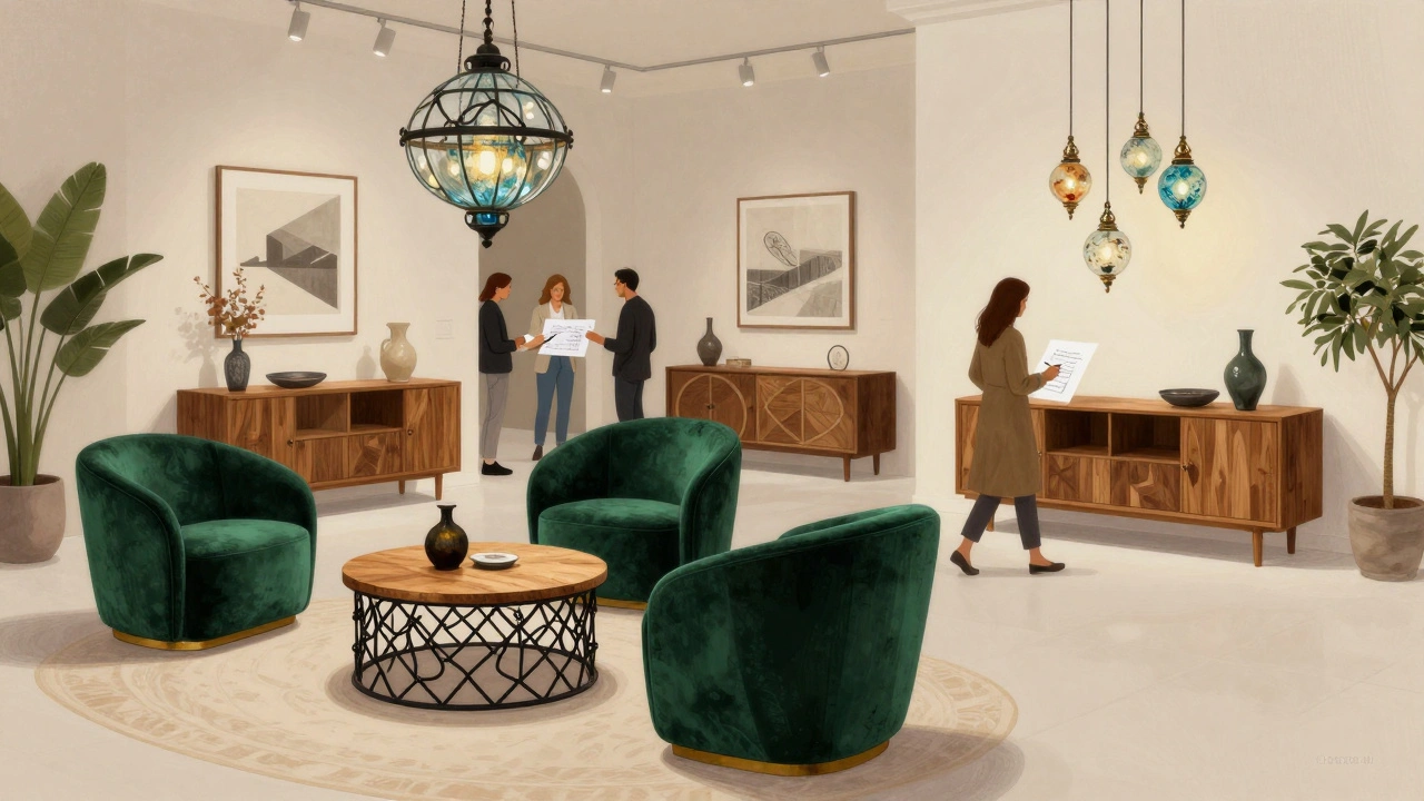 Interior of Dubai Design District showroom with velvet armchairs, oak tables, and glass pendants in elegant fusion style.